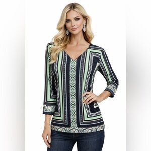 JM Collection Tunic Top Size Medium 3/4 Sleeve Green/blue Studded Front